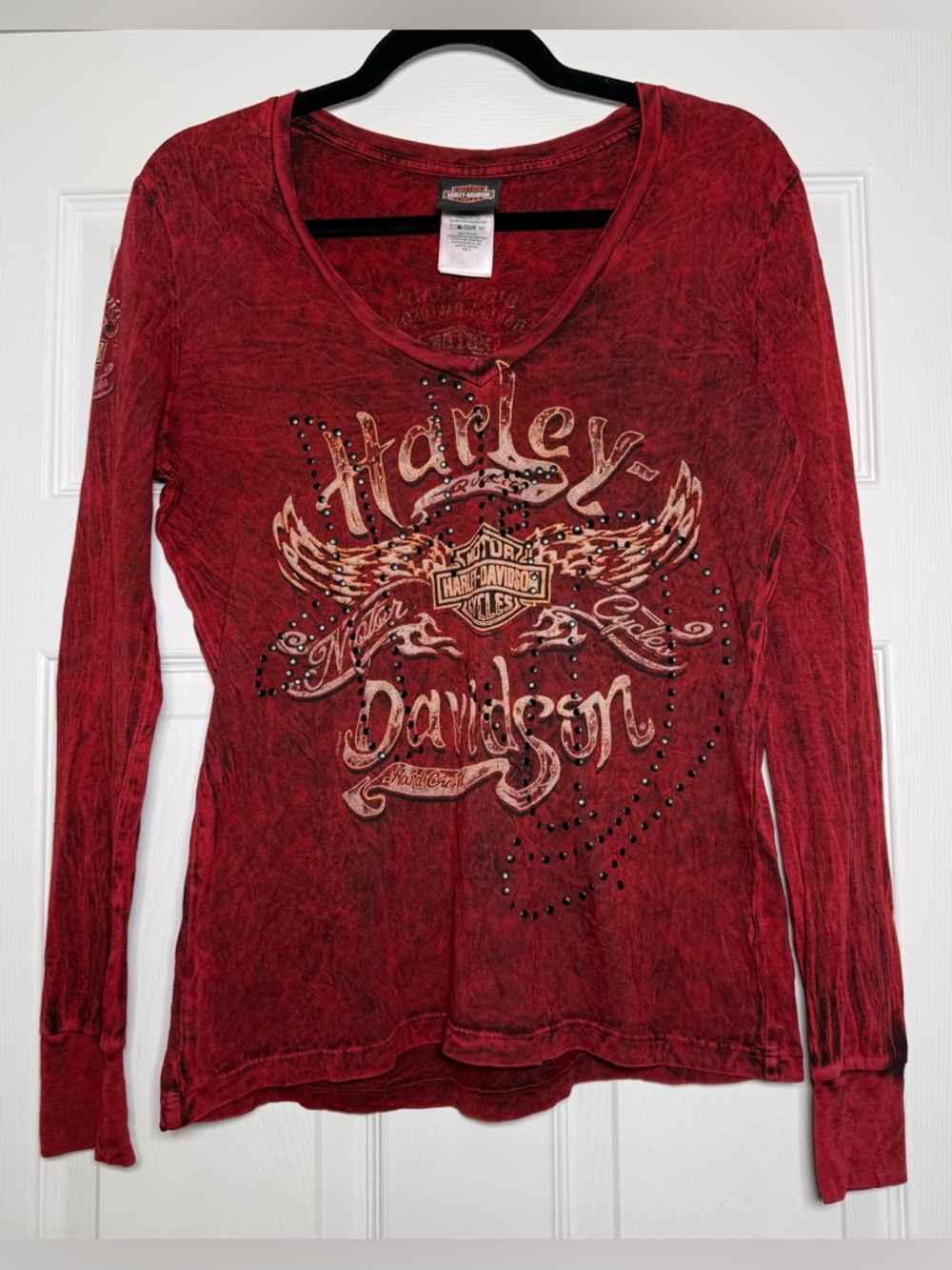 Harley Davidson Studded Long Sleeve Top Women’s Small Red Biker Y2K Style